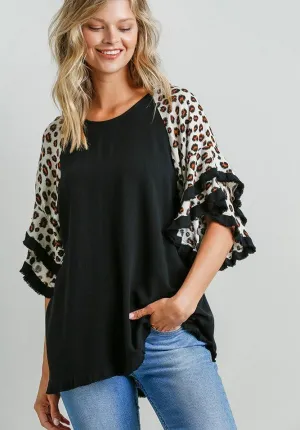 Leopard Bell Sleeve Layered Top, Black