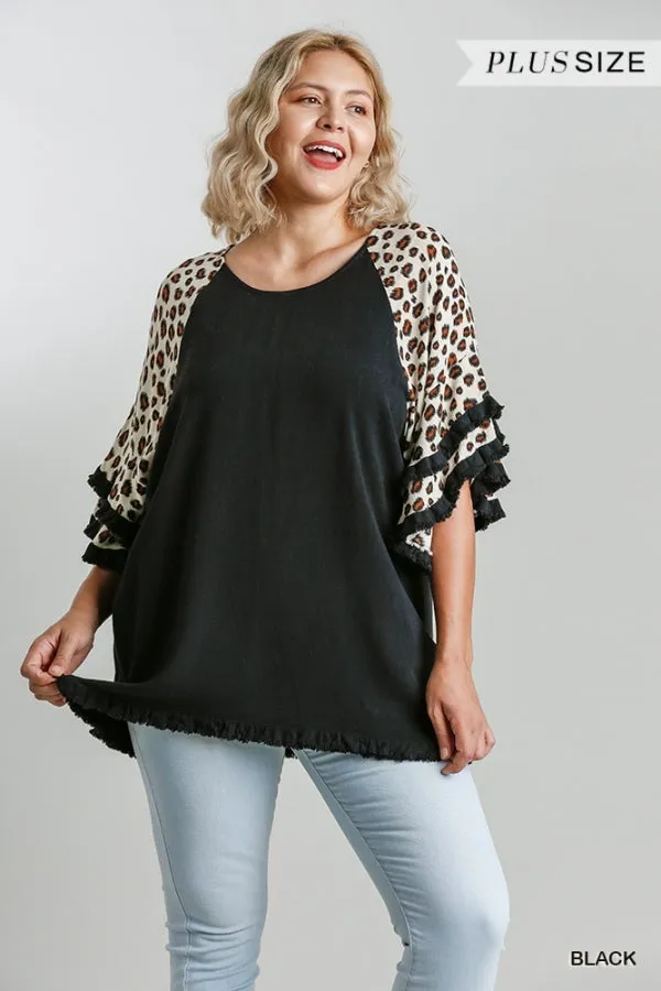 Leopard Bell Sleeve Layered Top, Black