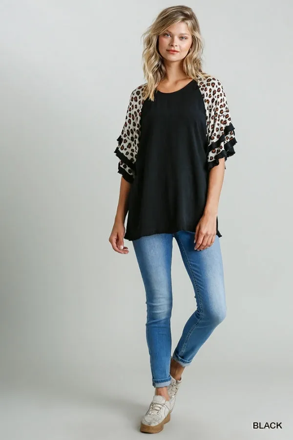 Leopard Bell Sleeve Layered Top, Black