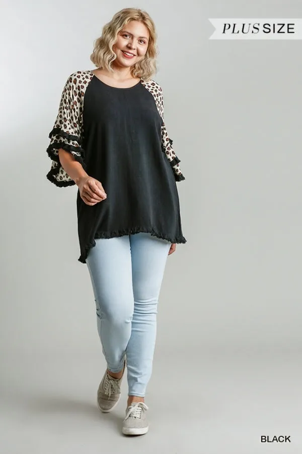 Leopard Bell Sleeve Layered Top, Black
