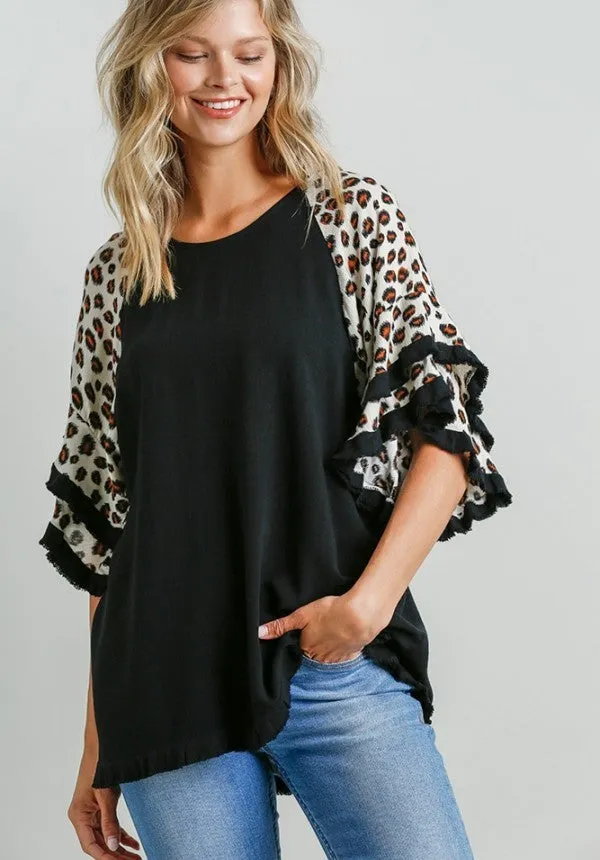 Leopard Bell Sleeve Layered Top, Black
