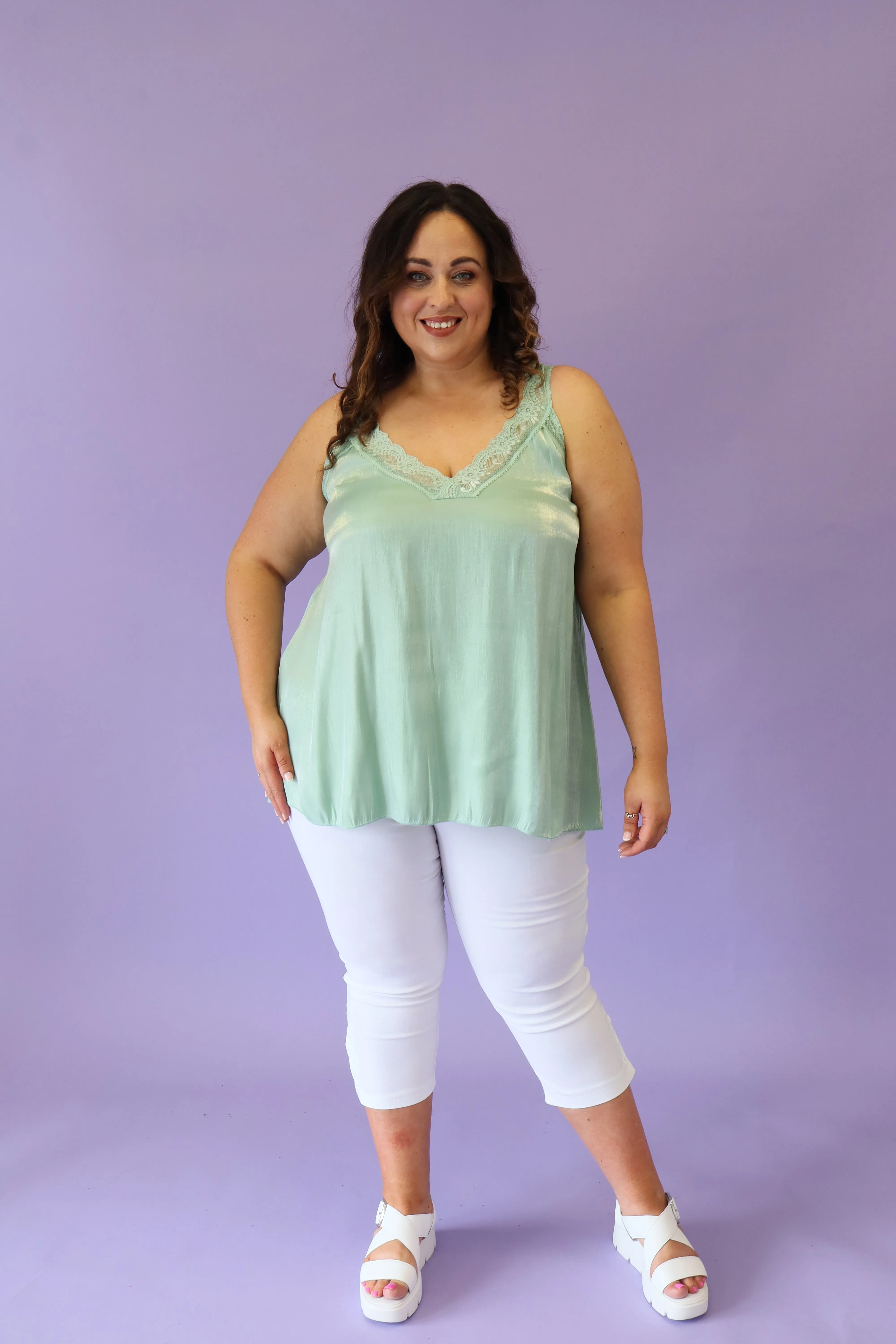 Lola Lace Trim Shimmer Vest in Green
