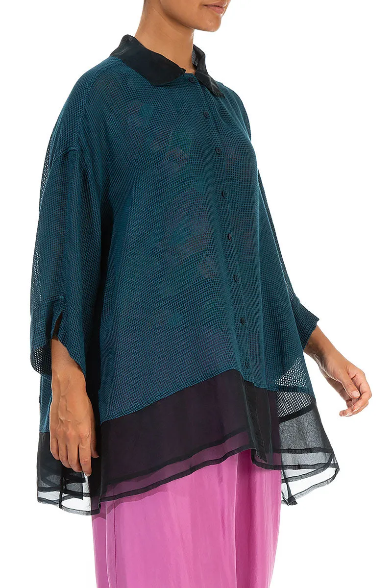 Loose Dark Teal Mesh Silk Shirt