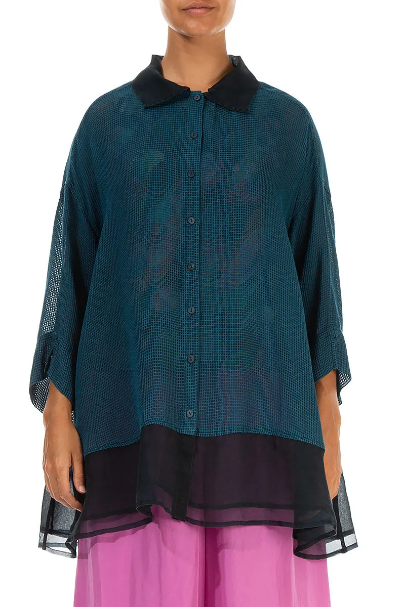 Loose Dark Teal Mesh Silk Shirt