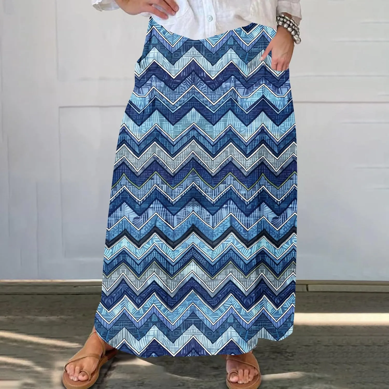 Maxi Skirts for Womens High Waist Boho Casual Elastic Skirt Beach Vacation Summer Trendy Long Skirts with Pockets