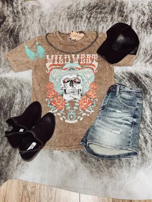 Mocha Wild West Cowboy Skull Graphic Tee