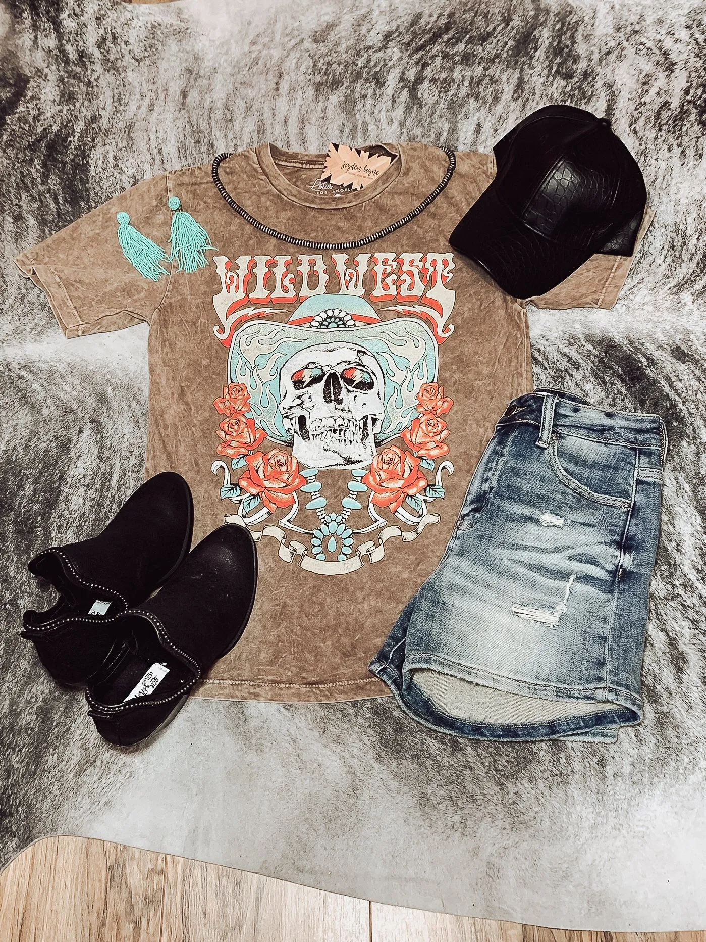 Mocha Wild West Cowboy Skull Graphic Tee
