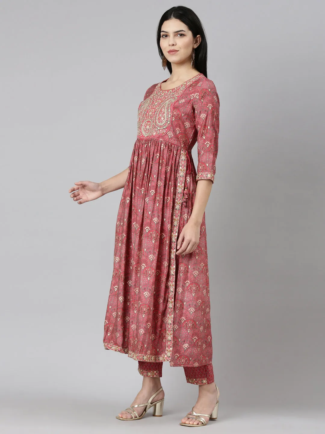 Neeru's Coral Pleated Straight Printed Readymade suits