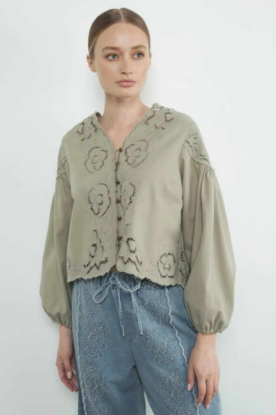 Nice Feels Denim Embroidered Top
