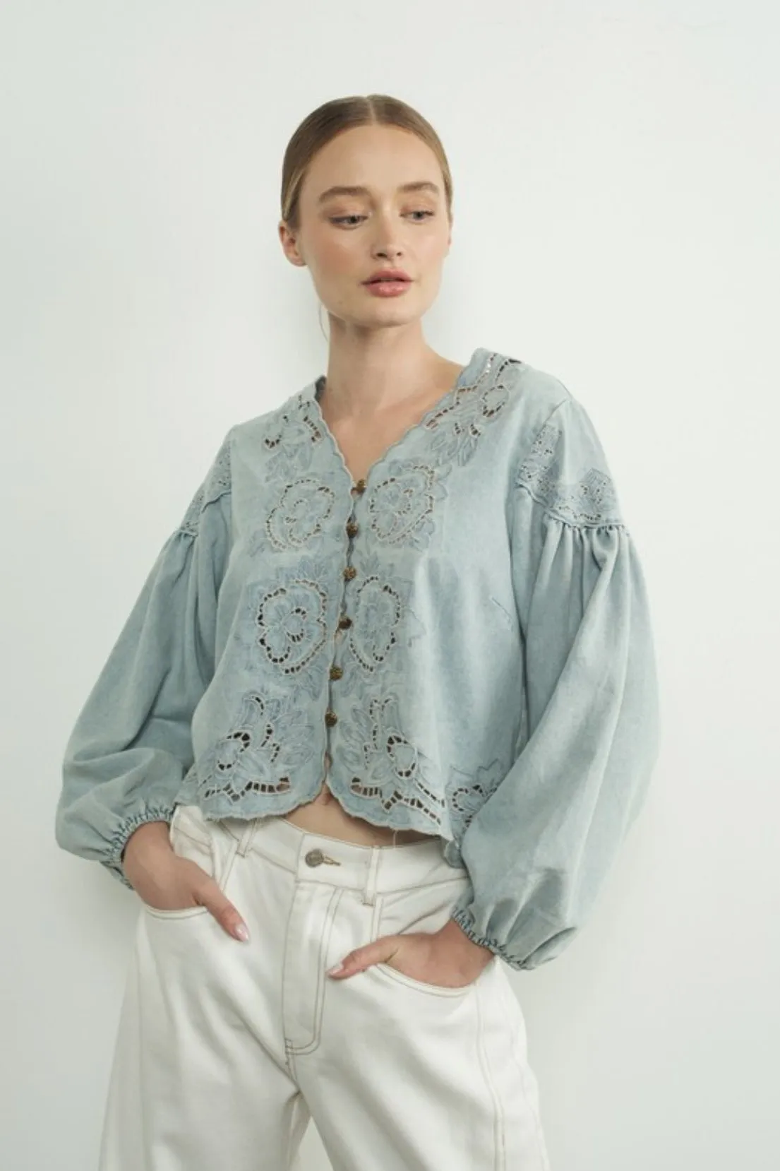 Nice Feels Denim Embroidered Top