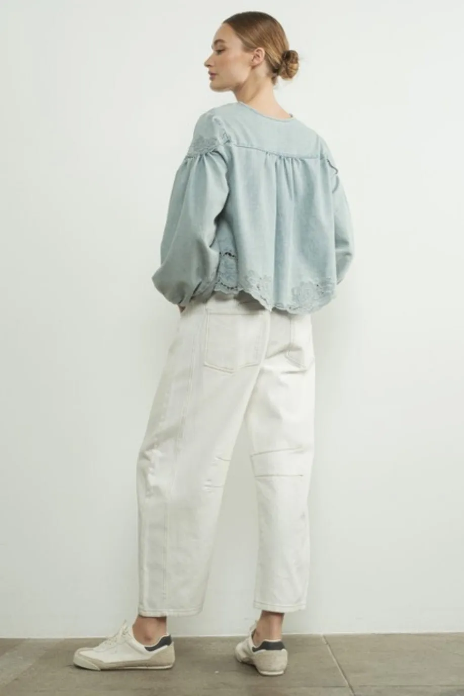 Nice Feels Denim Embroidered Top