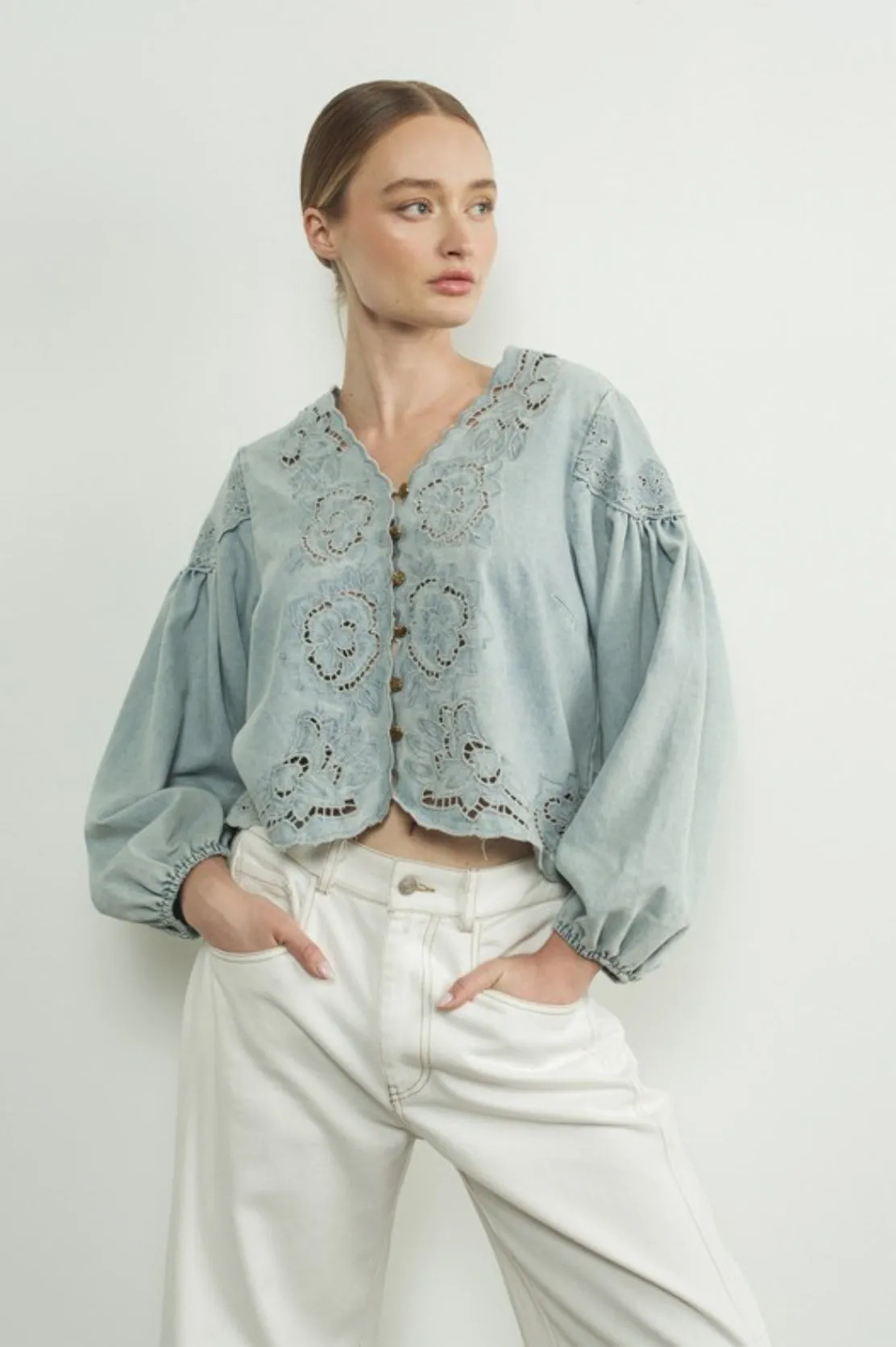 Nice Feels Denim Embroidered Top