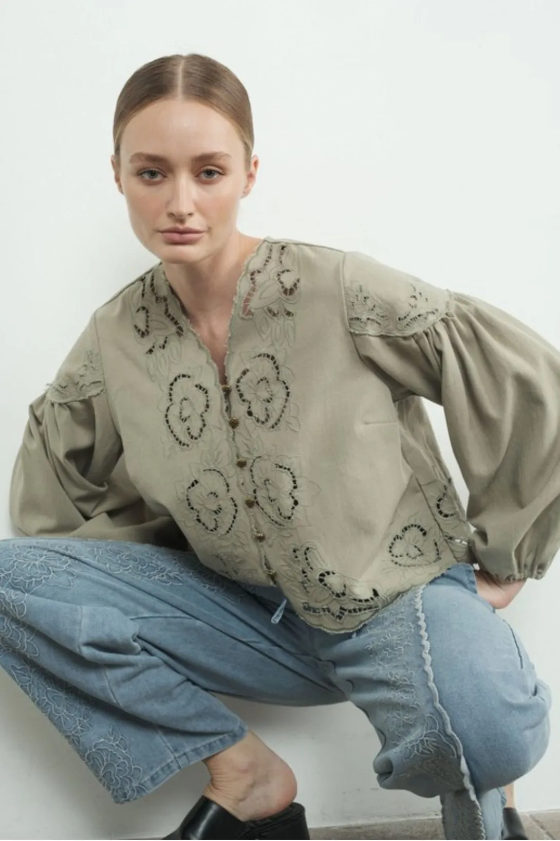 Nice Feels Denim Embroidered Top