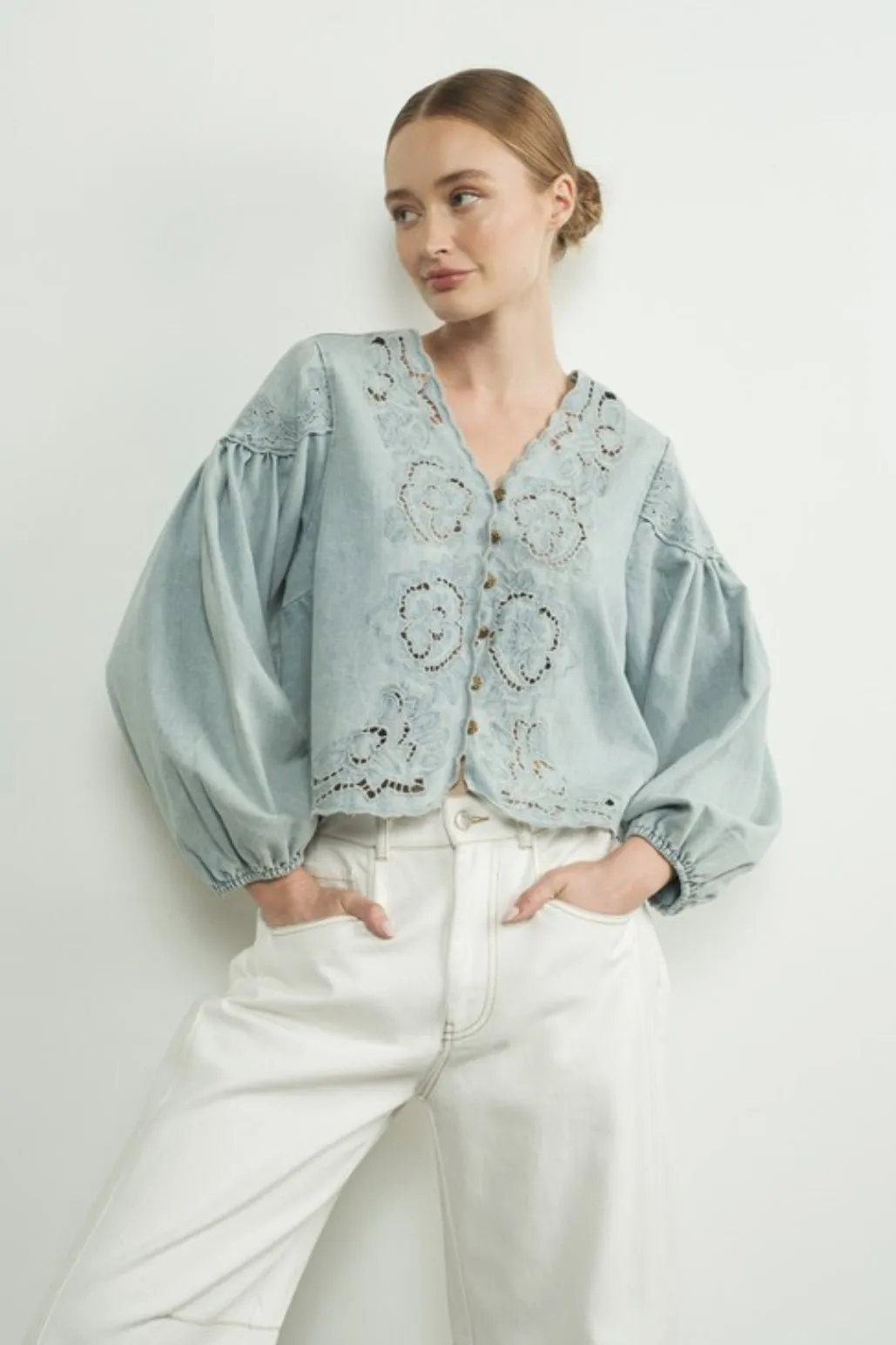 Nice Feels Denim Embroidered Top