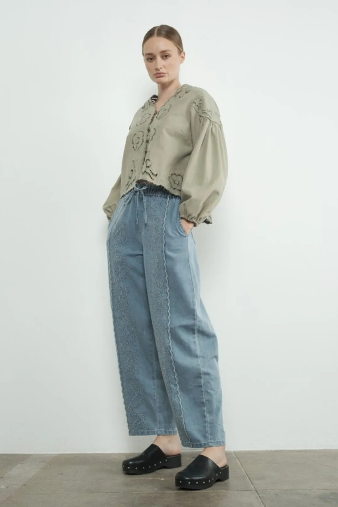 Nice Feels Denim Embroidered Top
