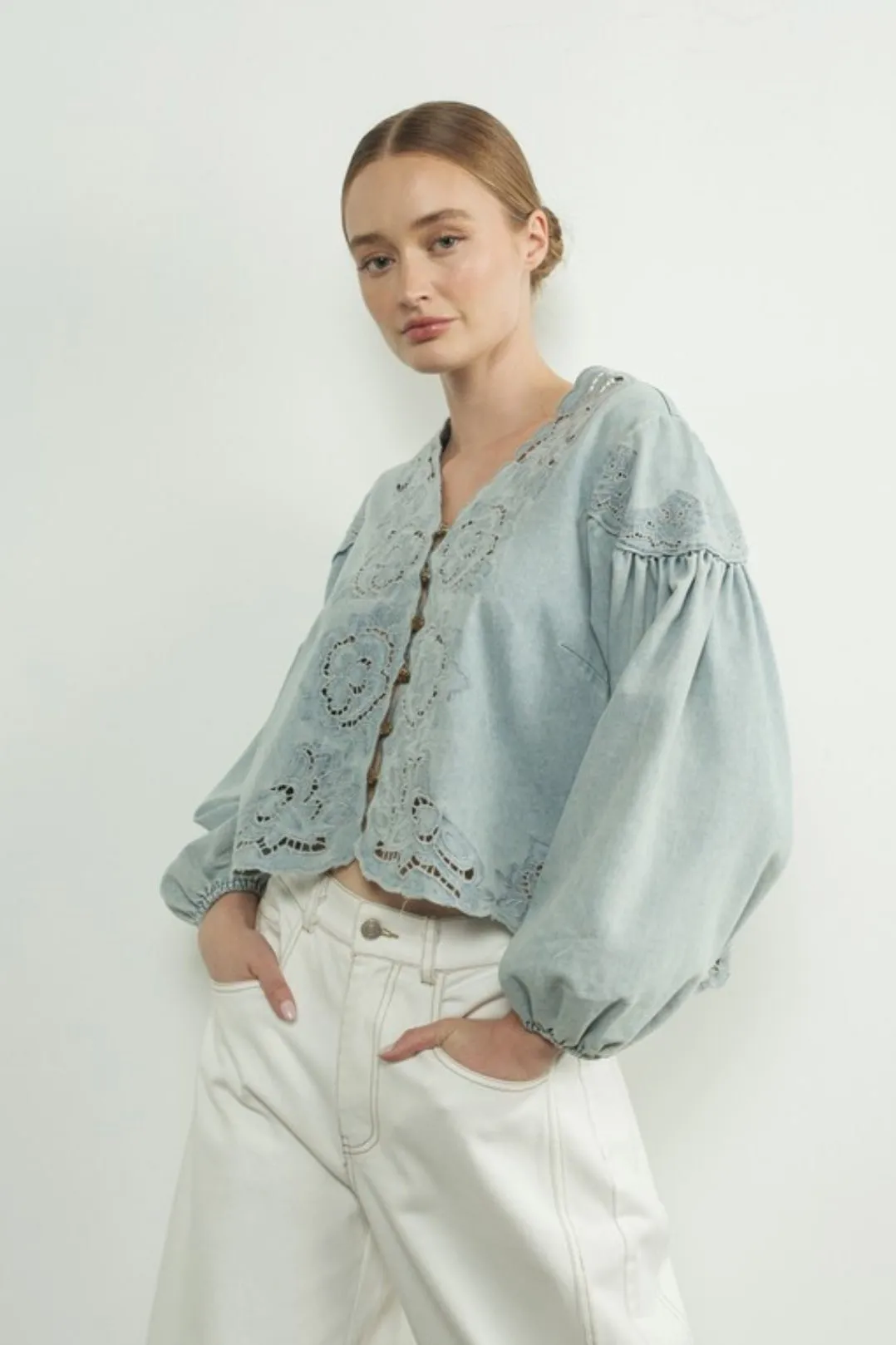 Nice Feels Denim Embroidered Top