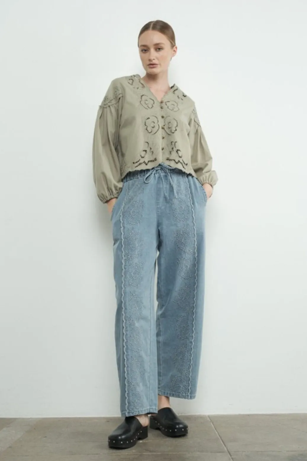 Nice Feels Denim Embroidered Top