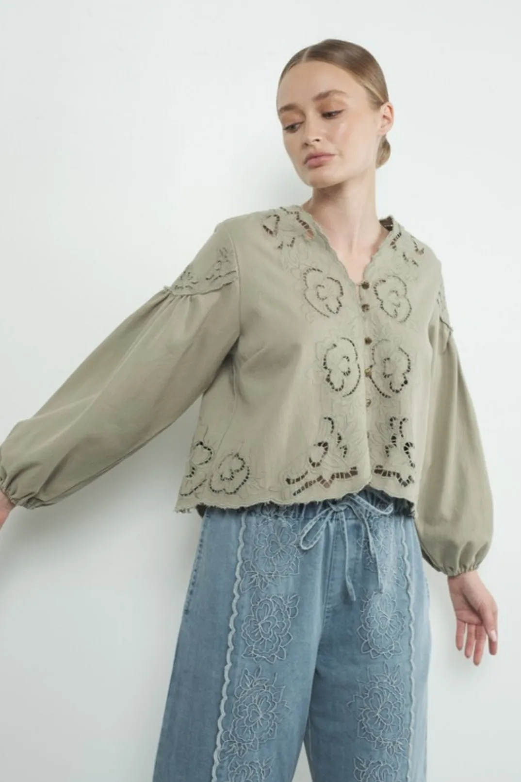 Nice Feels Denim Embroidered Top