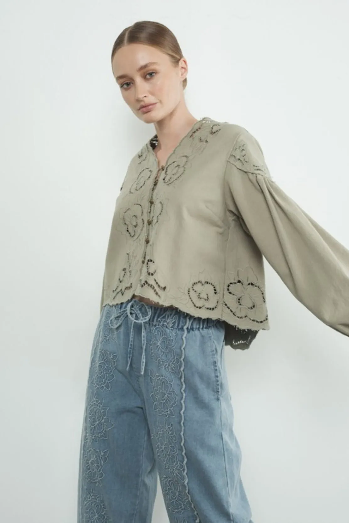 Nice Feels Denim Embroidered Top