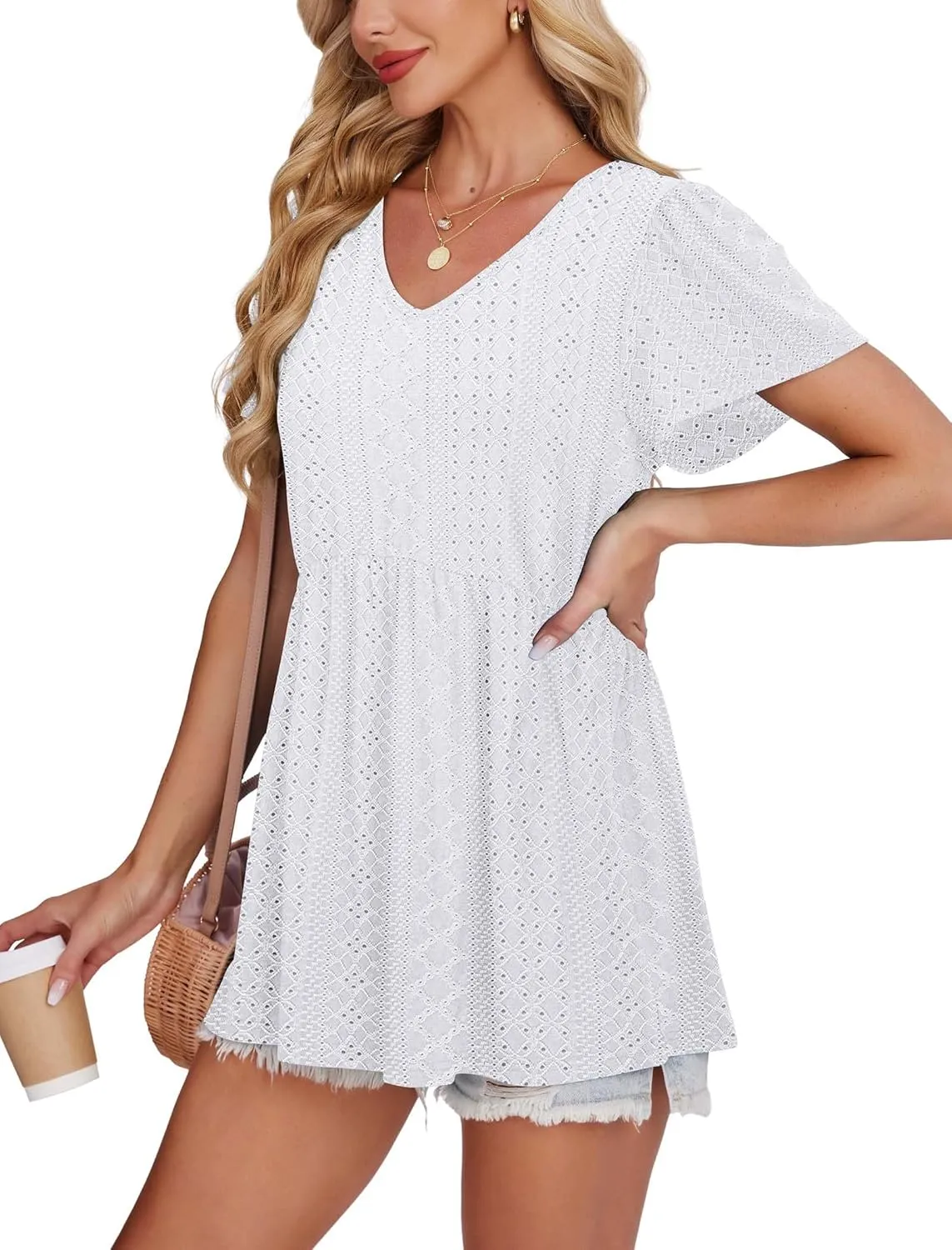 OFEEFAN Womens Summer Tops Babydoll Short Sleeve Shirts Puff Sleeve Peplum Tops V Neck T Shirts