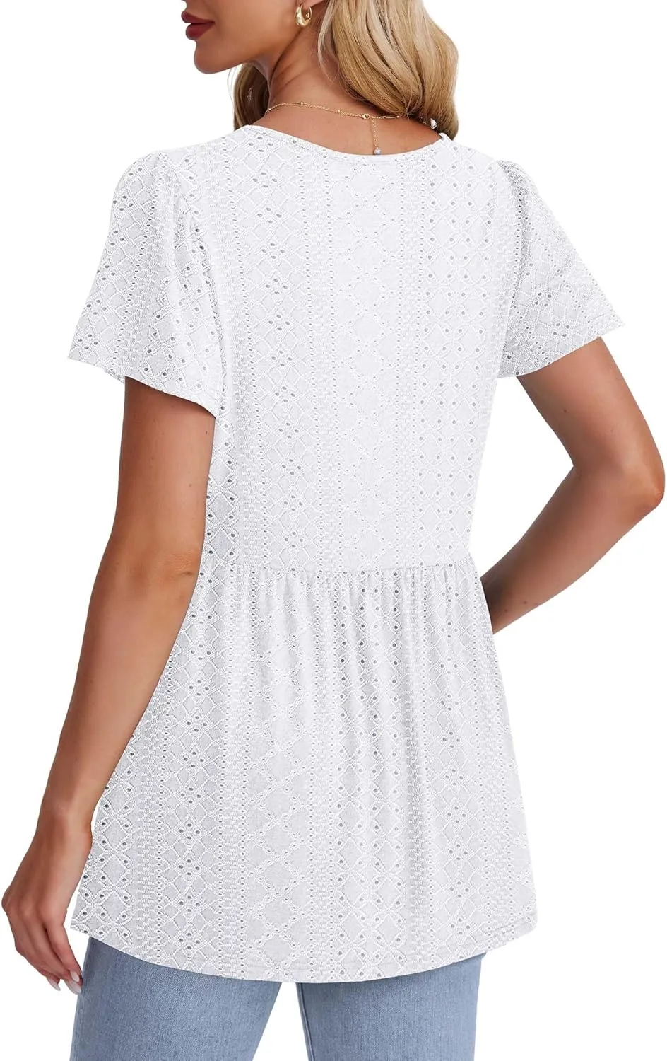 OFEEFAN Womens Summer Tops Babydoll Short Sleeve Shirts Puff Sleeve Peplum Tops V Neck T Shirts