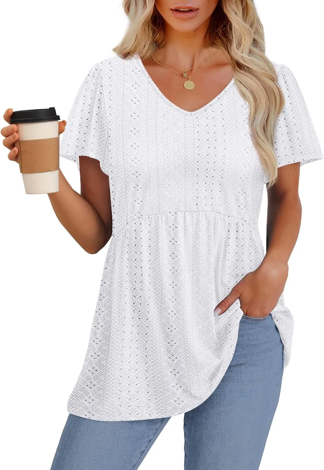OFEEFAN Womens Summer Tops Babydoll Short Sleeve Shirts Puff Sleeve Peplum Tops V Neck T Shirts