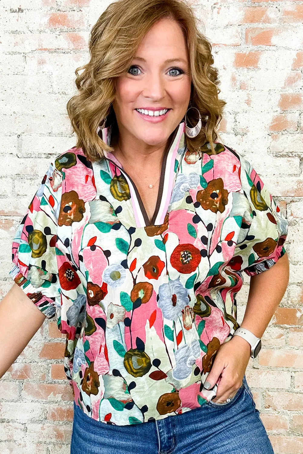 Pink Floral Print Slit V Neck Short Sleeve Blouse