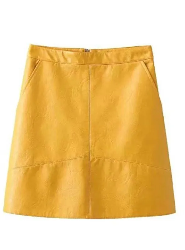 PU Leather Skirts Brief Pockets Back Zipper Faldas