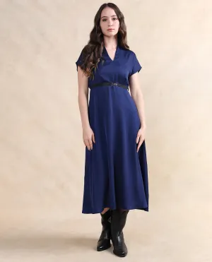 Rareism Women Azerbag Navy Satin Extended Sleeves V-Neck A-Line Midi Plain Dress