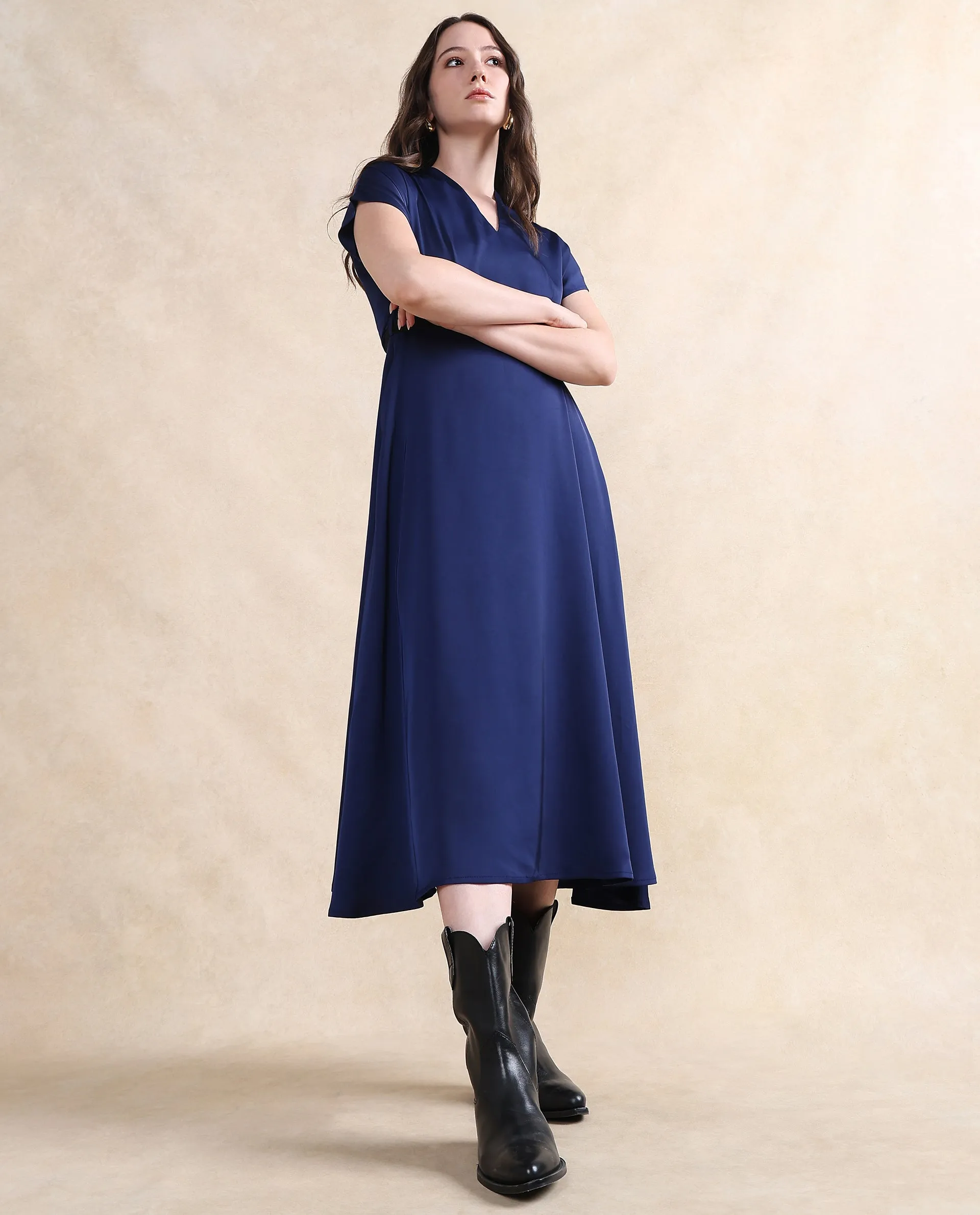 Rareism Women Azerbag Navy Satin Extended Sleeves V-Neck A-Line Midi Plain Dress