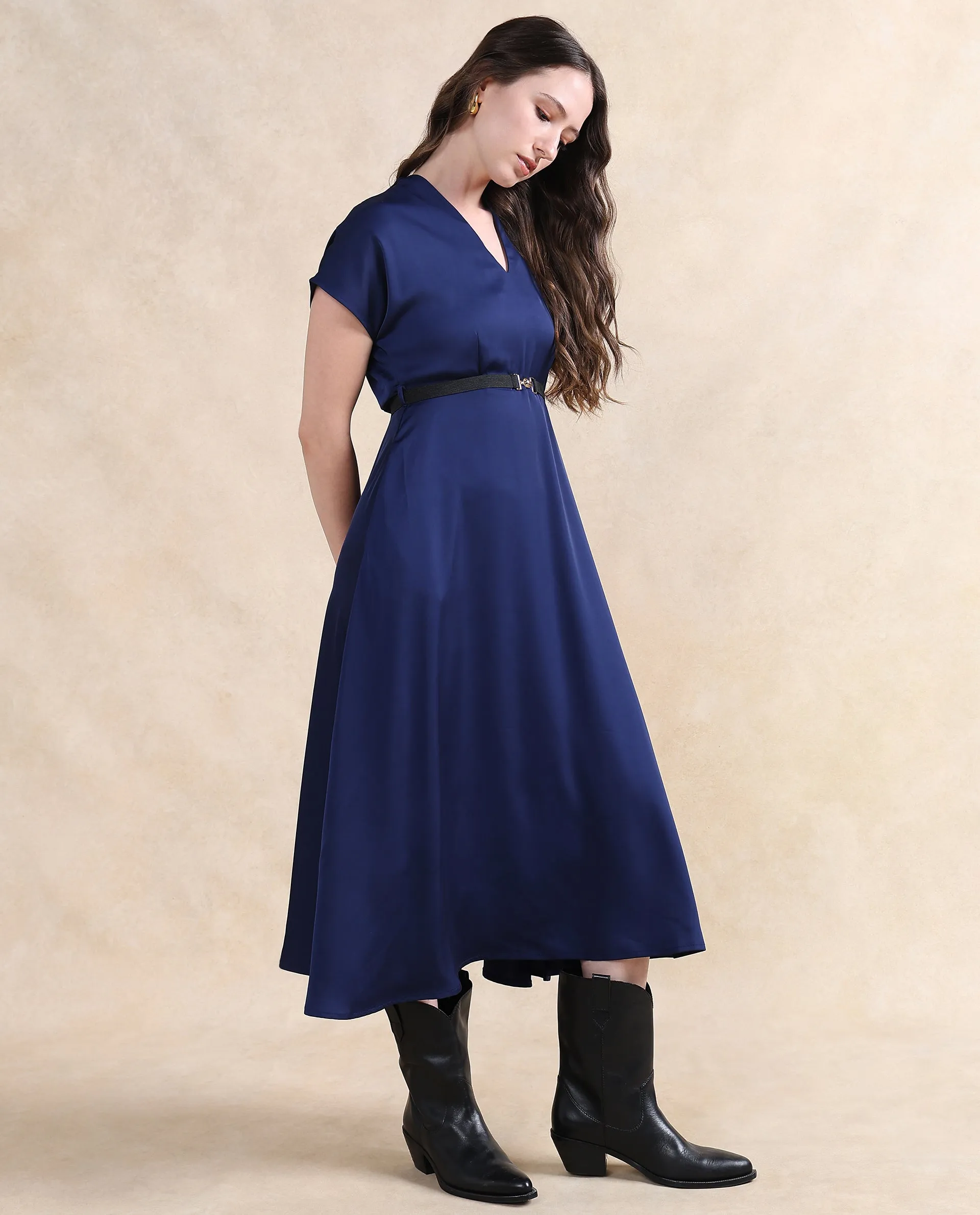 Rareism Women Azerbag Navy Satin Extended Sleeves V-Neck A-Line Midi Plain Dress