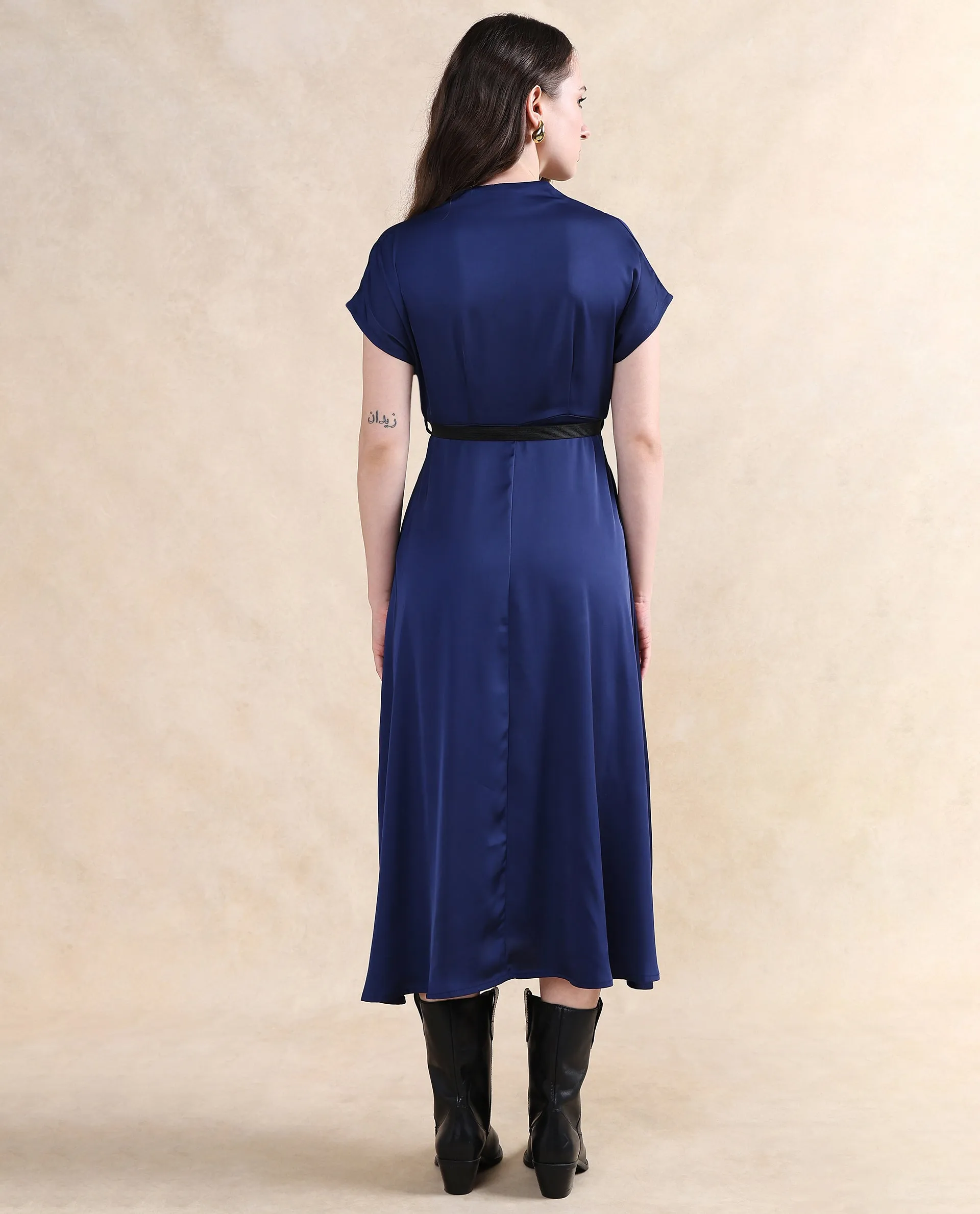 Rareism Women Azerbag Navy Satin Extended Sleeves V-Neck A-Line Midi Plain Dress