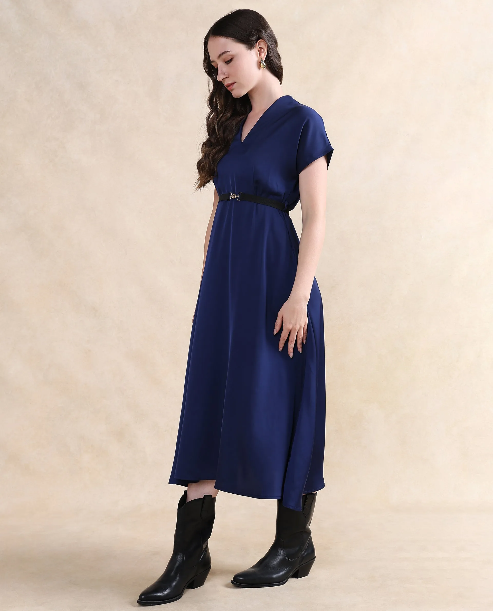 Rareism Women Azerbag Navy Satin Extended Sleeves V-Neck A-Line Midi Plain Dress