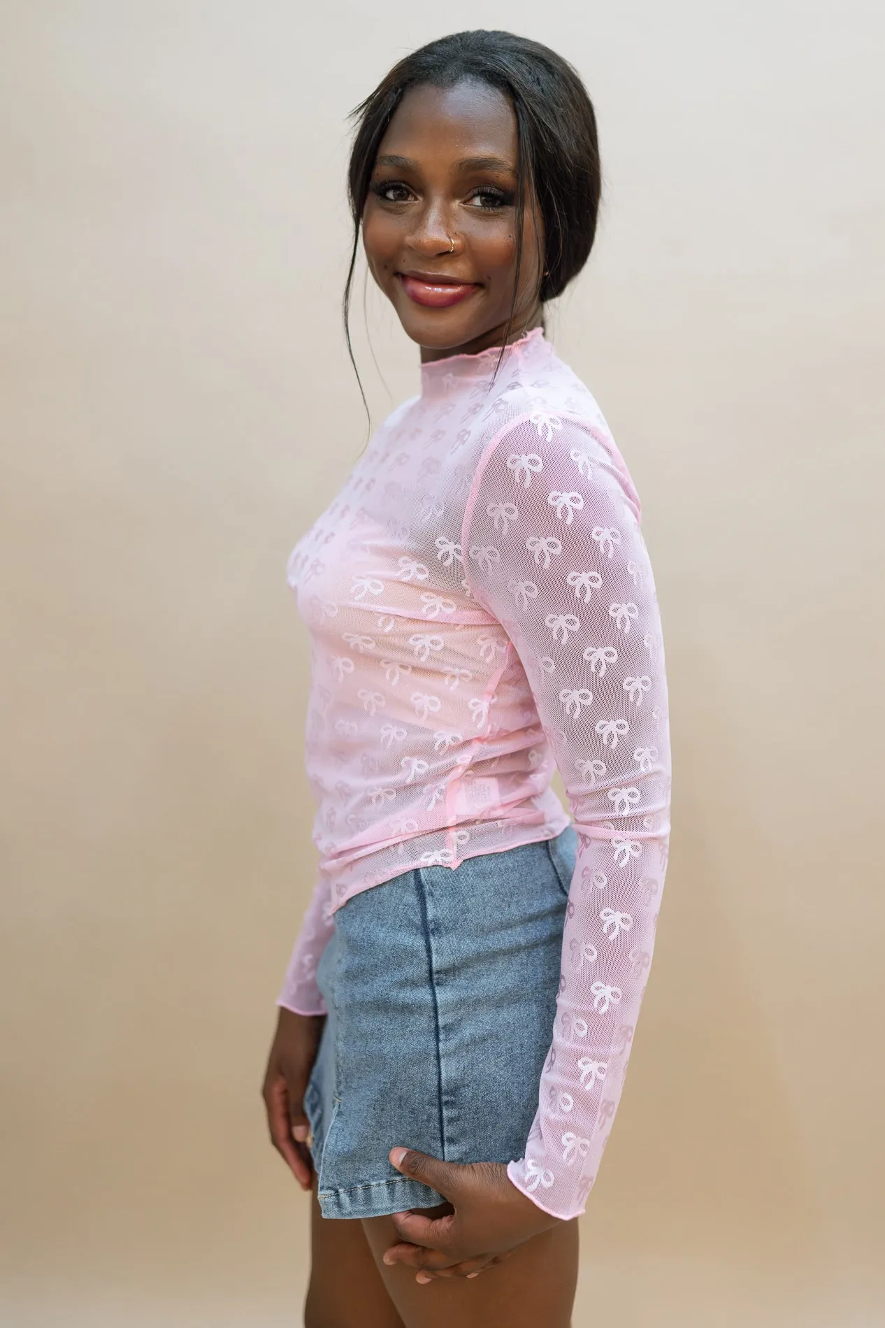 Ribbon Bow Mesh Top - Pink