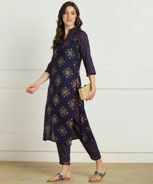 Ryon Slub Gold Print Gota Work Kurta Pant Set - Blue