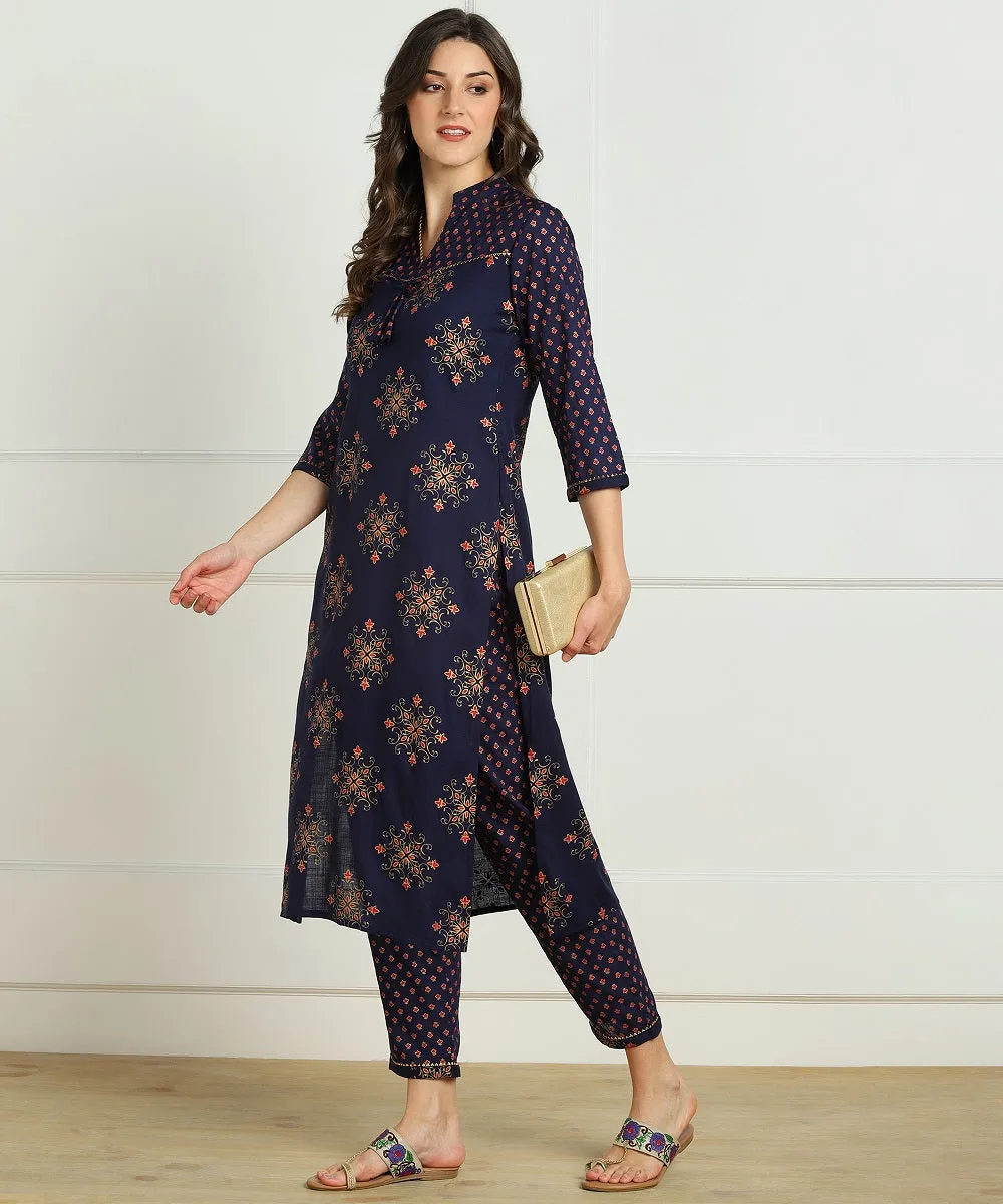 Ryon Slub Gold Print Gota Work Kurta Pant Set - Blue