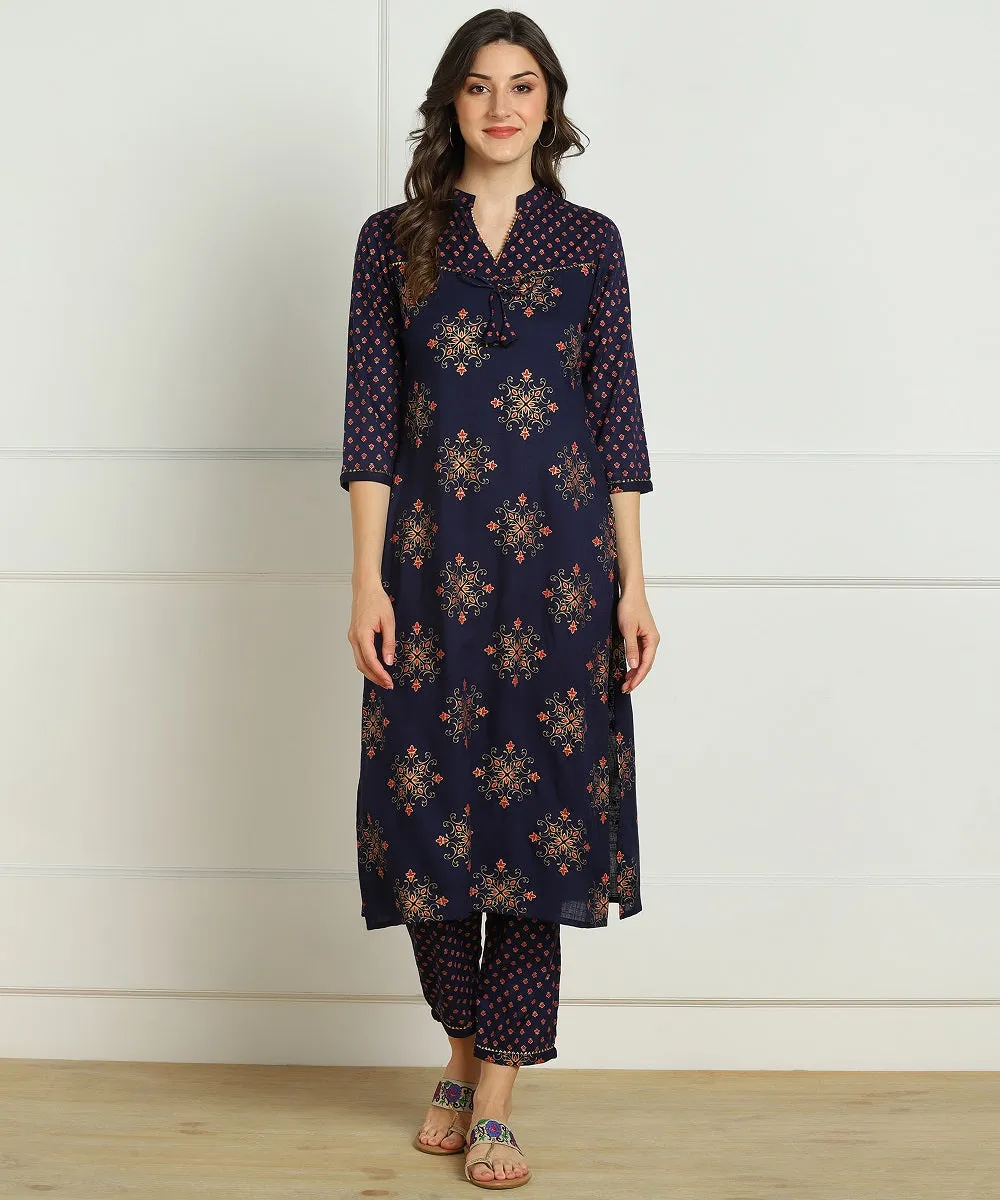 Ryon Slub Gold Print Gota Work Kurta Pant Set - Blue