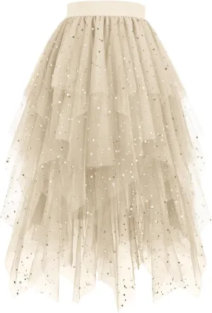 Sequin Skirts for Women Tulle Maxi Skirt Sparkly Tutu Skirt A Line Layered Midi Skirt Elegant Evening Party Skirt