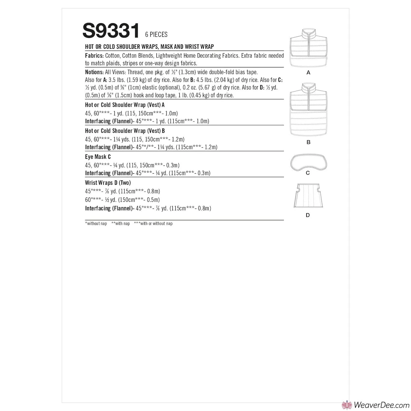 Simplicity Pattern S9331 Hot or Cold Shoulder Wrap, Mask & Wrist Wrap