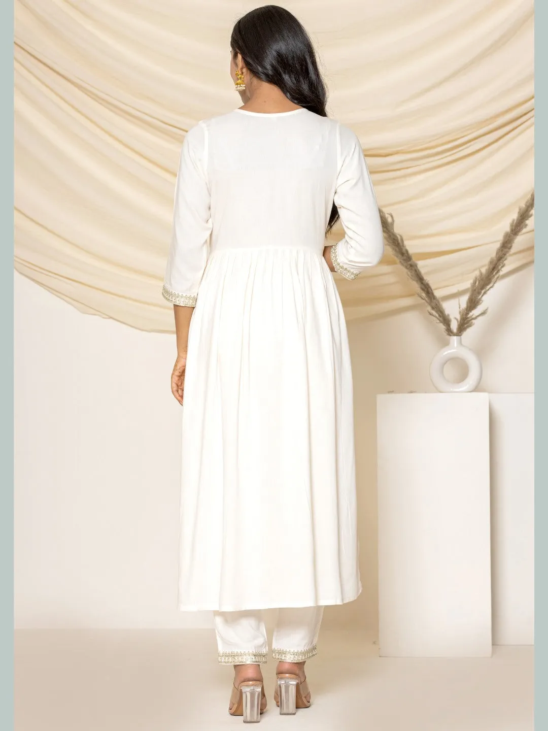 Solid Emboidered Nyra Cut Kurta with Pants - Off-White