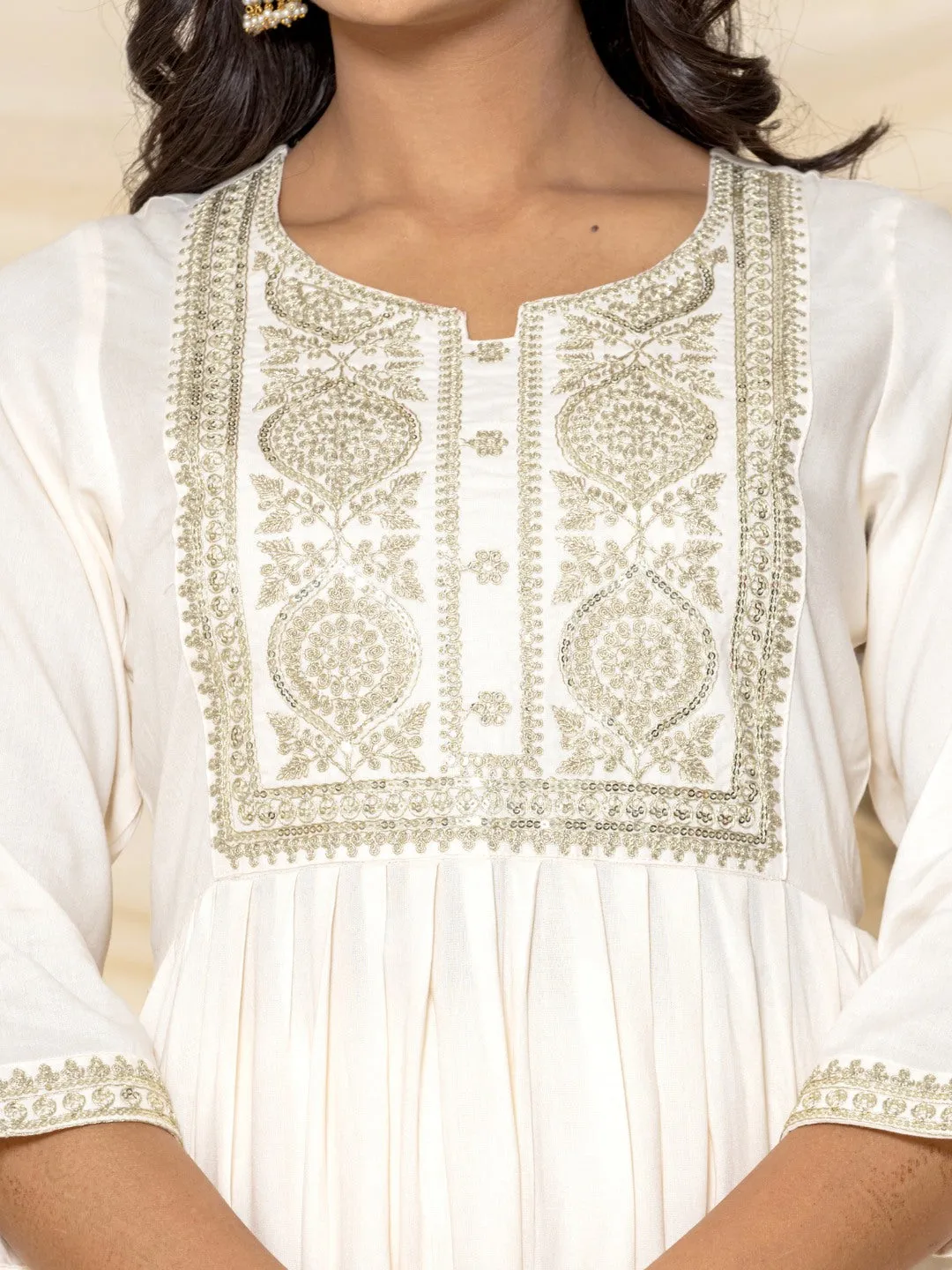 Solid Emboidered Nyra Cut Kurta with Pants - Off-White