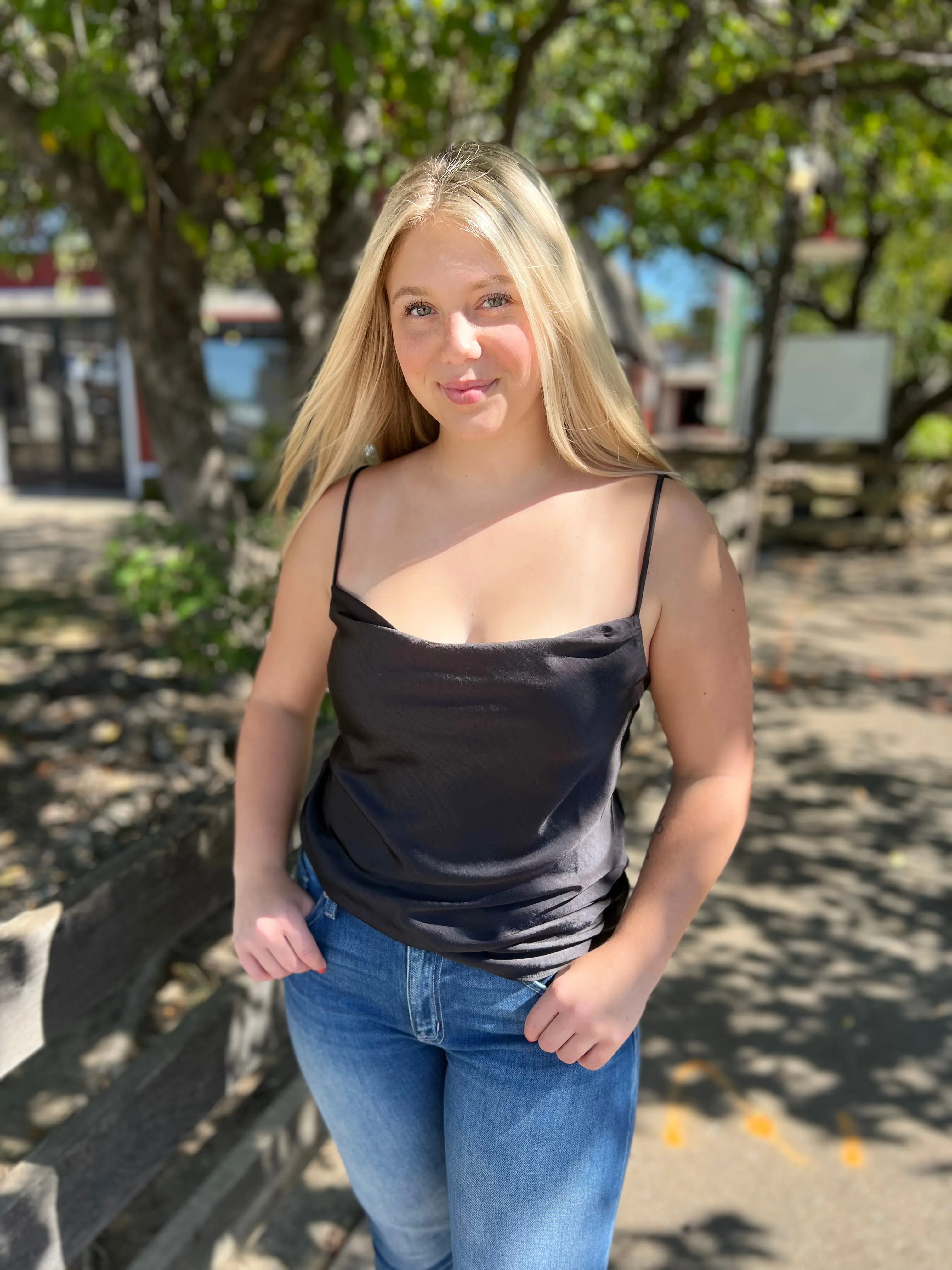 Thirty and Flirty Black Satin Strap Top