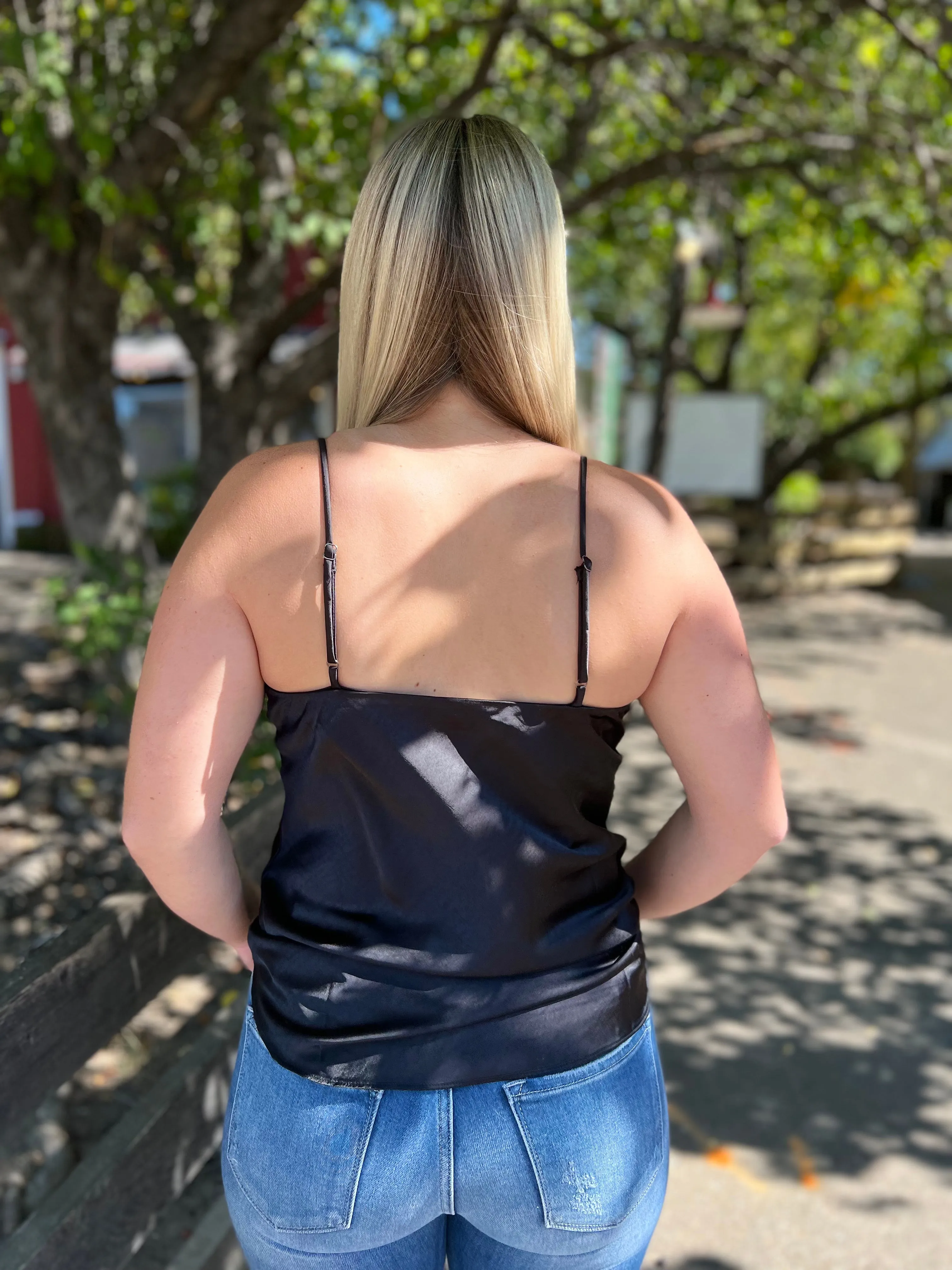 Thirty and Flirty Black Satin Strap Top