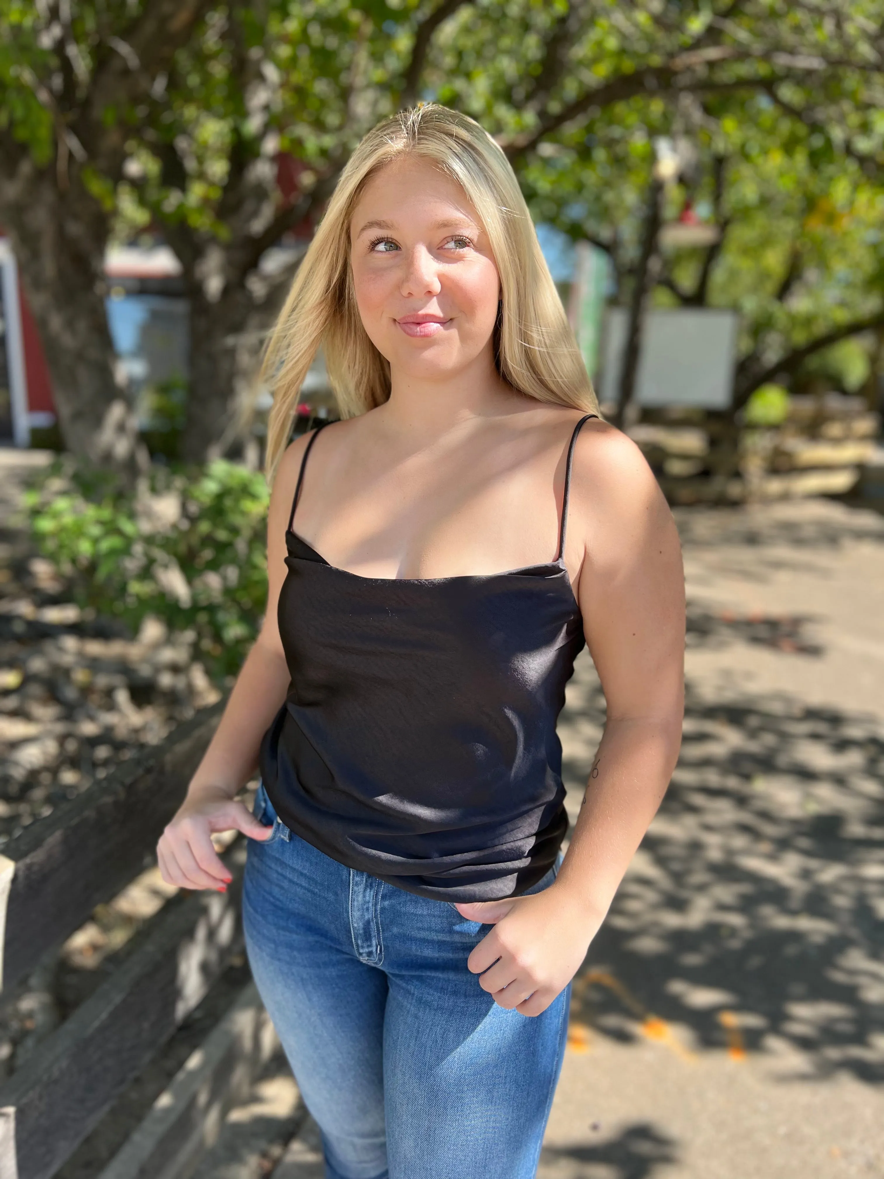 Thirty and Flirty Black Satin Strap Top