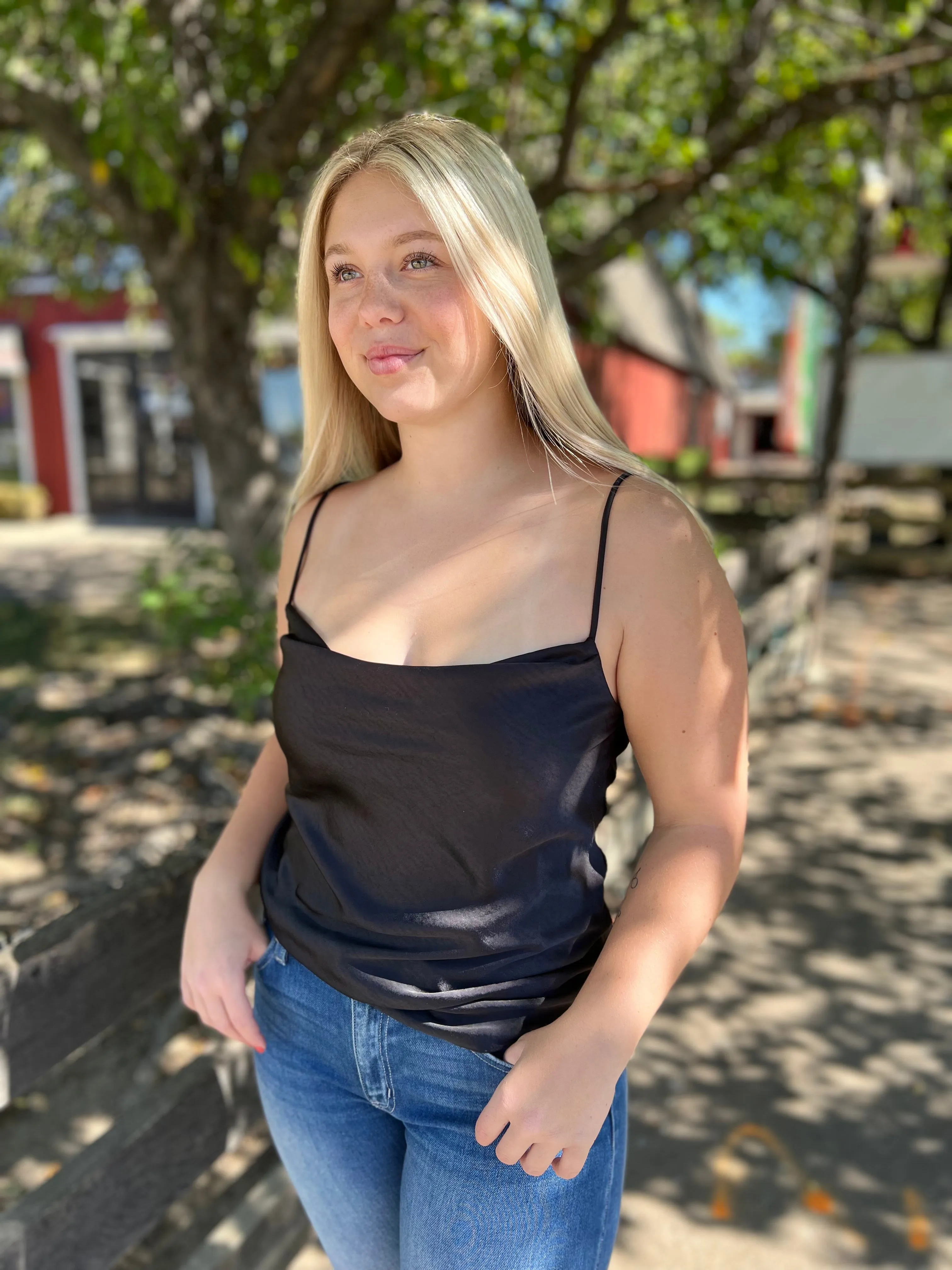 Thirty and Flirty Black Satin Strap Top