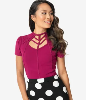 Unique Vintage Magenta Cage Knit Short Sleeve Lanie Top