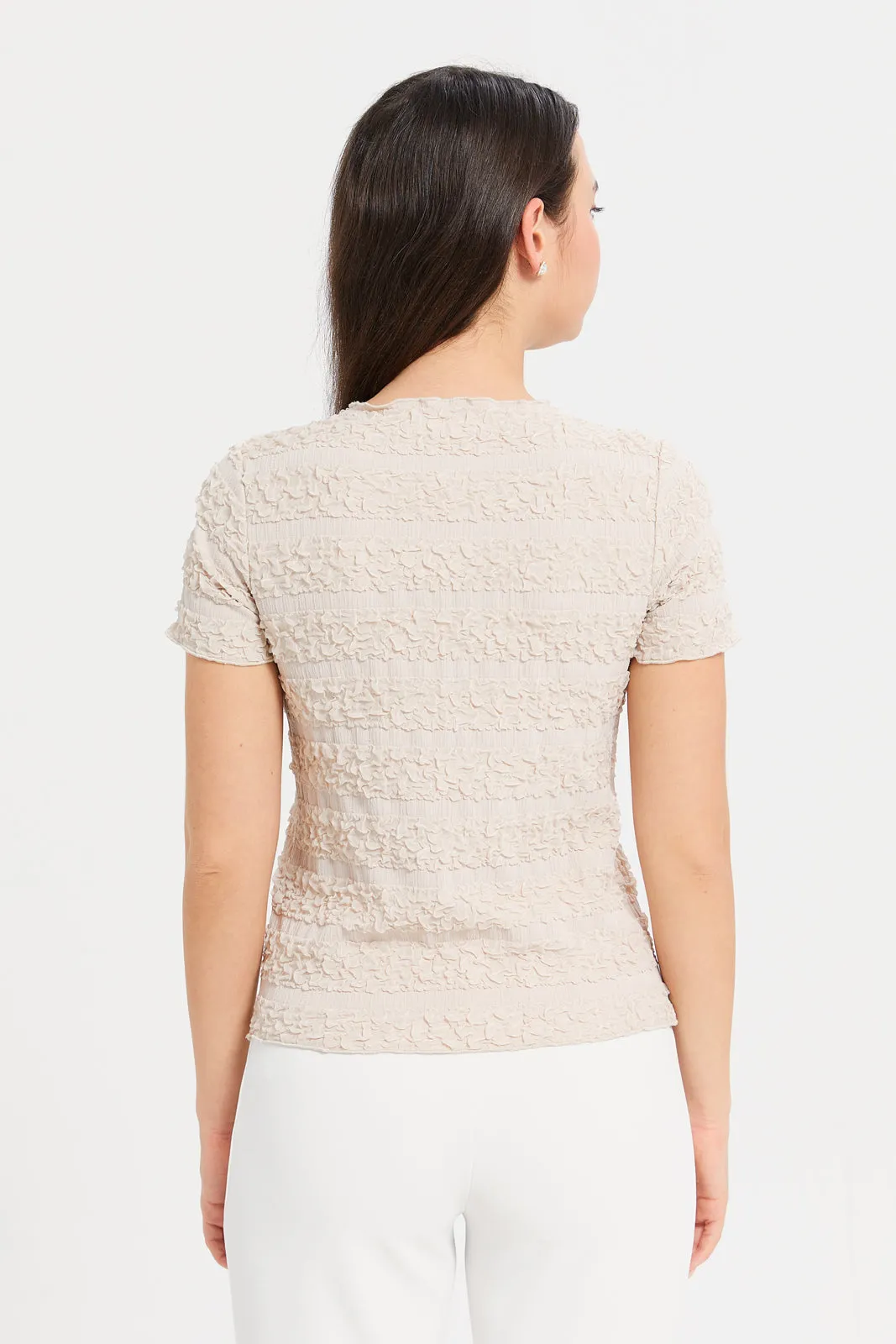 Women Beige Textured T-Shirt