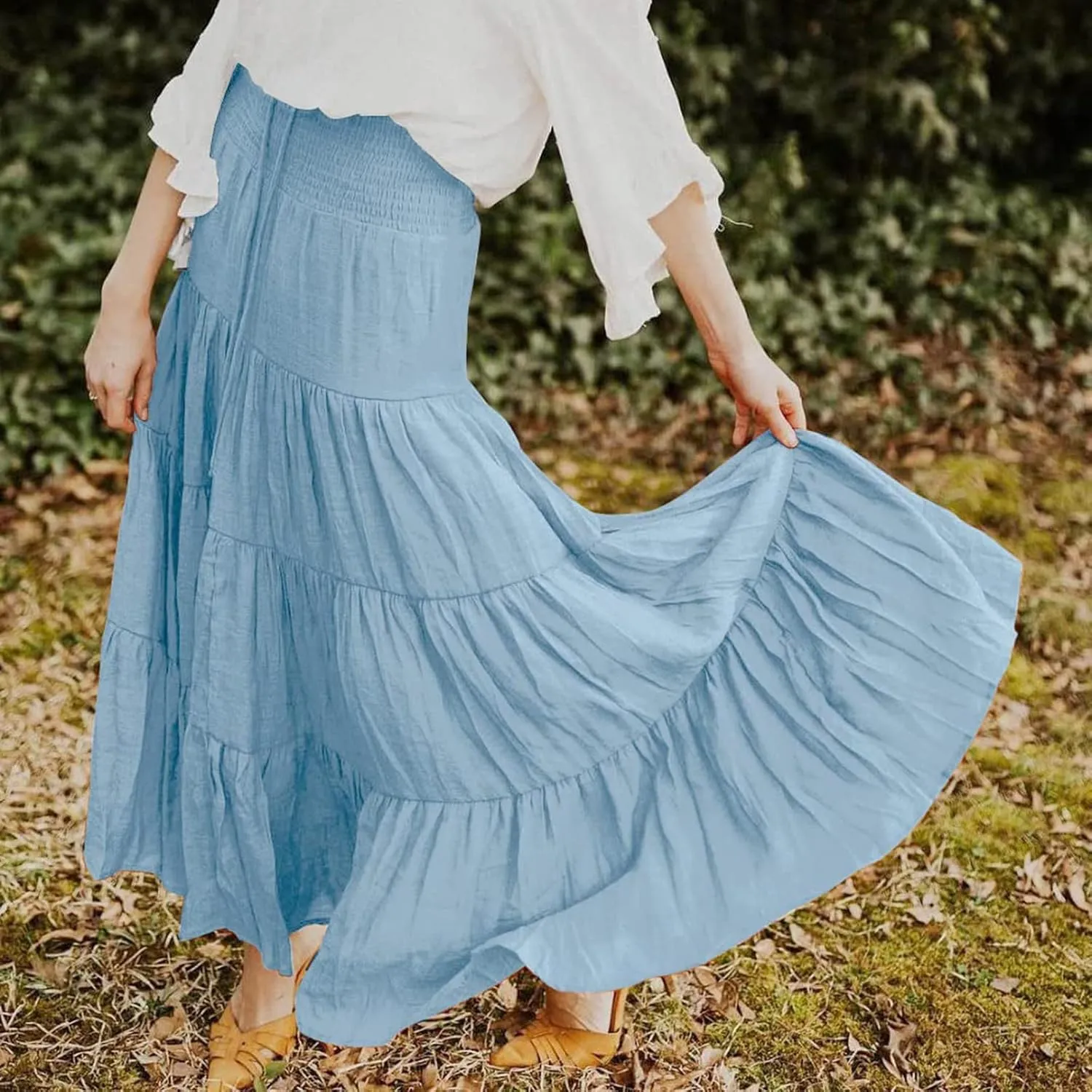 Women Maxi Skirt Boho Flowy High Waist Pleated Tiered Long Skirt Ruffle A-Line Summer Vacation Beach Long Dress