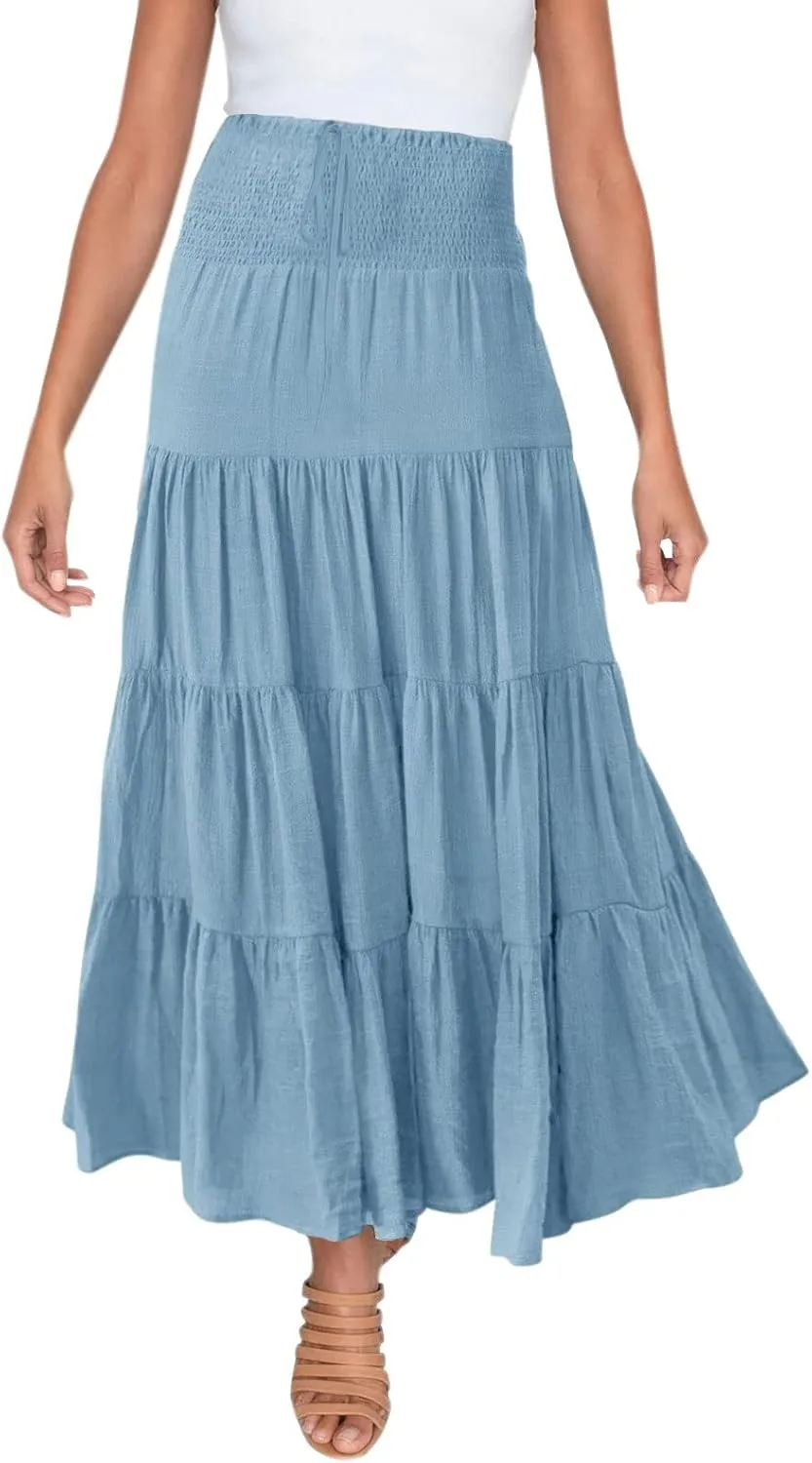 Women Maxi Skirt Boho Flowy High Waist Pleated Tiered Long Skirt Ruffle A-Line Summer Vacation Beach Long Dress