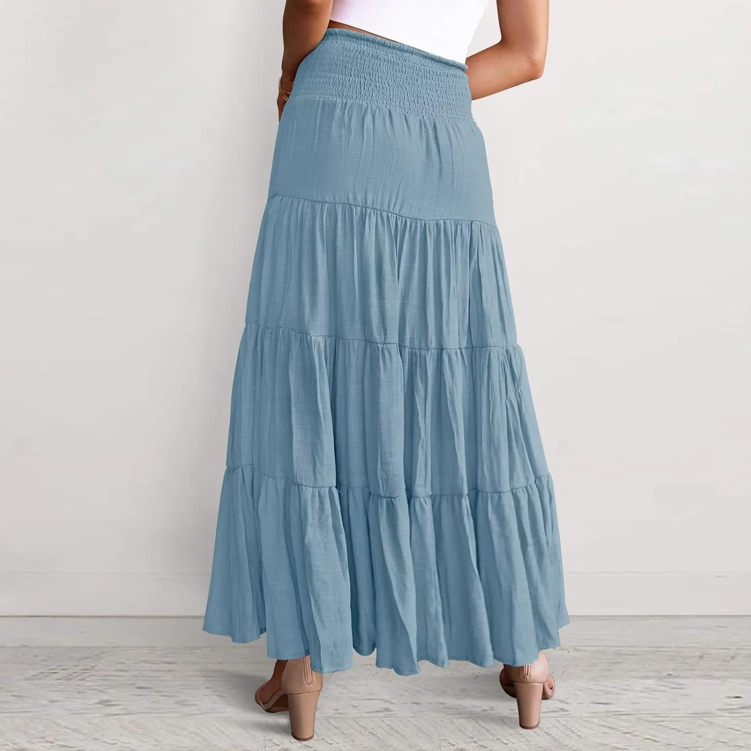Women Maxi Skirt Boho Flowy High Waist Pleated Tiered Long Skirt Ruffle A-Line Summer Vacation Beach Long Dress
